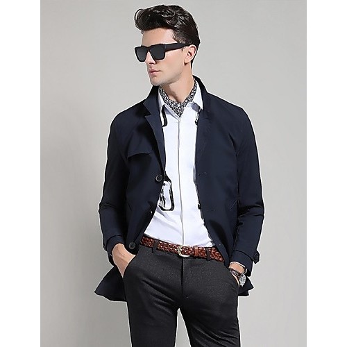 Men's Solid Casual / Work Trench coat,Polyester Long Sleeve-Black