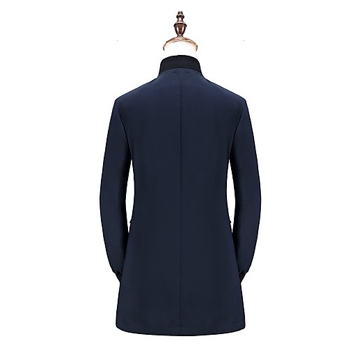 Men's Solid Casual / Formal / Plus Sizes Trench coat,Bamboo Fiber / Polyester Long Sleeve-Black / Blue