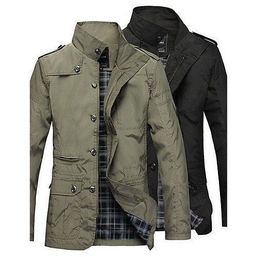 Men's Long Sleeve Regular Trench Coat , Polyester Plaids & Checks Winter Jacket