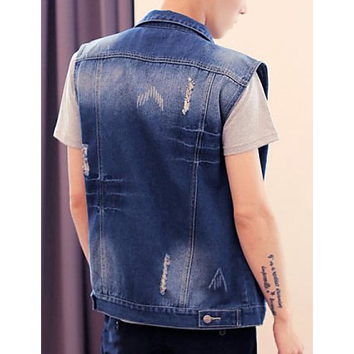 Men's Sleeveless Casual Jacket,Cotton Solid Blue