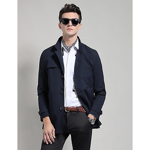 Men's Solid Casual / Work Trench coat,Polyester Long Sleeve-Black