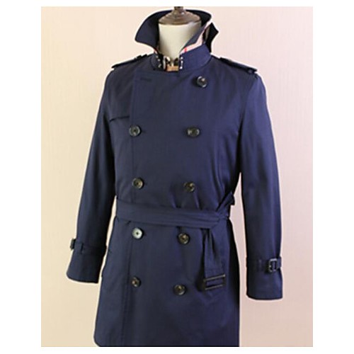 Men's Casual/Daily Simple Trench Coat,Solid Shirt Collar Long Sleeve Fall Blue / Beige / Black Cotton Medium