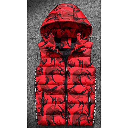 Men's Regular Padded Coat,Simple Casual/Daily Camouflage-Polyester Cotton Sleeveless Hooded Red / Gray / Green