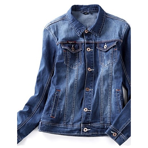 Men's Korean Slim Stretch Bleached Denim Jacket,Cotton / Polyester Solid Blue